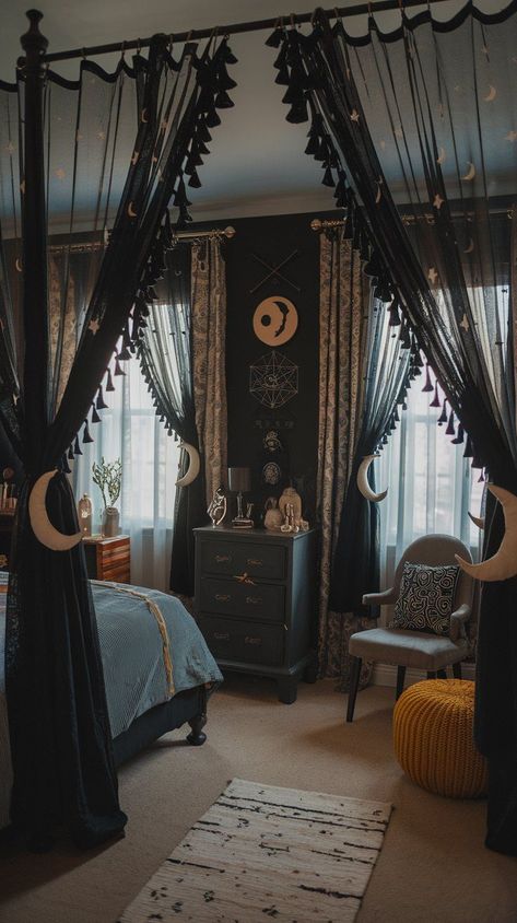 Turn your bedroom into a magical sanctuary with our witchy bedroom ideas. Discover decor tips to cast a stylish spell. Witchy Bedroom Ideas, Witchy Bedroom, Goth Bedroom, Dream Bedroom Inspiration, Dark Elegance, Dark Home Decor, Goth Home, Goth Home Decor, Dark Home