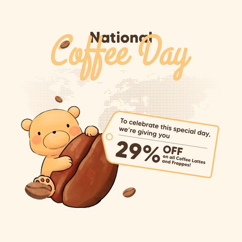 Hello Beary Nation! 🐻 Happy weekend and Happy National Coffee Day! ☕🎉
On this special day, we’d love to invite you to Beary Boba to celebrate with us! And just for today, enjoy a 29% discount on all Coffee Lattes and Frappes. (Only for today!)

Come by Beary Boba and don’t miss out on the coffee love! 💛☕✨ Happy National Coffee Day, Coffee Lattes, National Coffee Day, Coffee Day, Just For Today, National Day, Frappe, Coffee Love, Happy Weekend