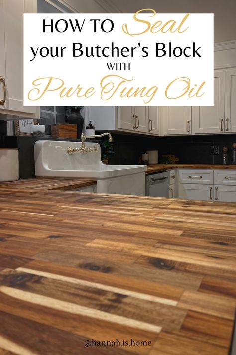 Butchers block countertops are beautiful if you ask me. I had orginally sealed them witn polyurethane but decided that I wanted to refinish them using a more food safe option. After much research, Pure Tung Oil is what I decided to go with. Here is how I refinished my countertops during my kitchen remodel. Butter Block Countertop, Tung Oil Butcher Block, How To Finish Butcher Block Countertops, Sealing Butcher Block Countertops, Butcher Block Kitchen Countertops, Countertop Makeover, Block Countertops, Butchers Block, It Will Be Worth It