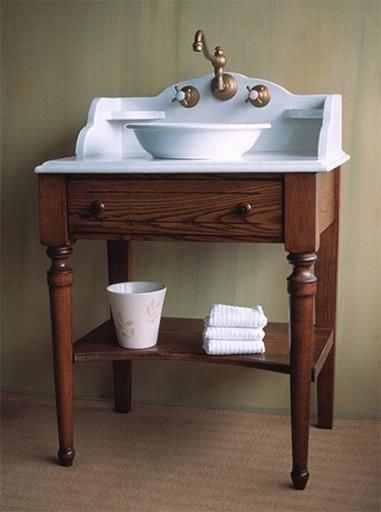 Herbeau Bonne Maman (the Good Mother) traditional wooden washstand with shelf and pull-out top drawer for storage. Fireclay  countertop and choice of brass or china vessel sink. Retro Bathroom, Primitive Bathrooms, Rustic Bathroom Vanities, Rustic Bathrooms, Bathroom Redo, Bathroom Vanity Cabinets, Rustic Bathroom, Bathroom Cabinets, Traditional Bathroom