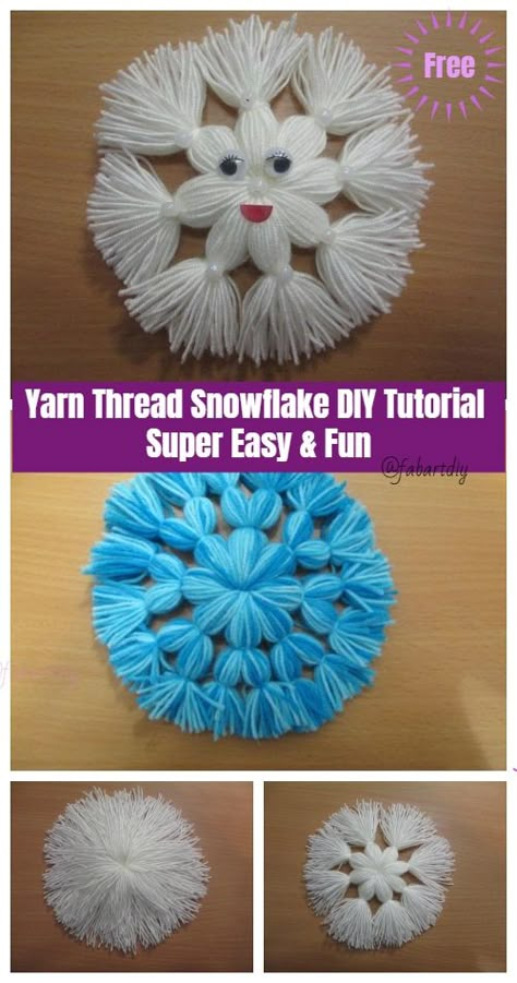 Kids Craft: Yarn Thread Snowflake DIY Tutorial - No Crochet Craft Thread Projects, Easy Yarn Crafts For Kids, Yarn Christmas Crafts, Yarn Snowflakes, Crochet Christmas Coasters, Christmas Yarn Crafts, Wool Snowflake, Yarn Ornaments, Snowflake Diy