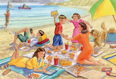 Family On Vacation, Composition Drawing, Beach Drawing, Composition Painting, Scene Drawing, Art Friend, Family Picnic, City Illustration, Tree Drawing