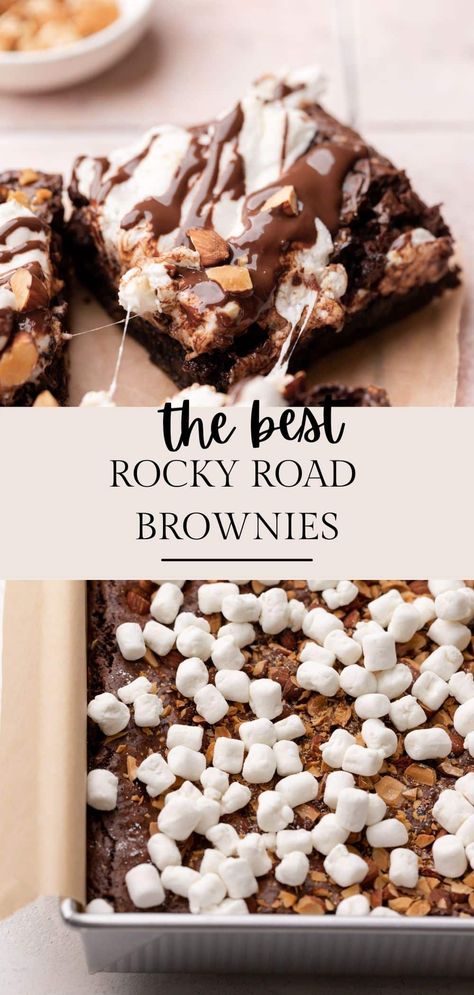 These rocky road brownies take homemade brownies to a whole new level! These deliciously moist, ooey-gooey brownies are topped with puffy marshmallows, crunchy almonds, and drizzled with melted chocolate! Rocky Road Brownies Recipe, Boxed Brownie Recipes, Rocky Road Brownies, Rocky Road Ice Cream, Chocolate Pairings, Homemade Brownies, Melted Chocolate, Crispy Treats, Rocky Road