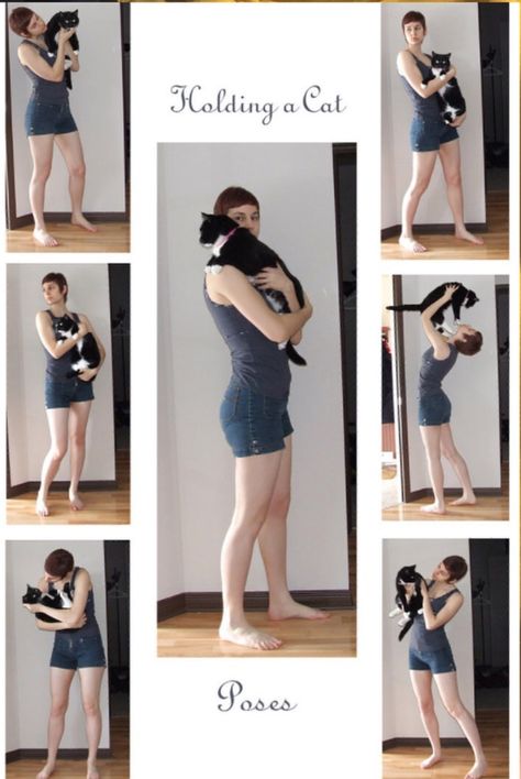 Holding A Cat, Poses Modelo, Action Pose Reference, Cat Reference, People Poses, Female Pose Reference, Human Reference, Cat Pose, Body Reference Poses