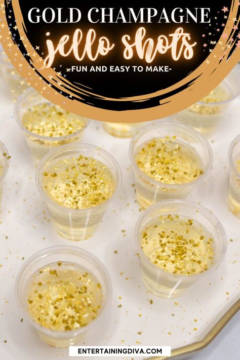 Gold Champagne Jello Shots | Great Gatsby Party Jelly Shots Recipe, Easy Jello Shots, Champagne Jello, Champagne Jelly, Champagne Jello Shots, Best Jello Shots, Jello Shots Recipe, Valentines Party Food, Jell O Shots