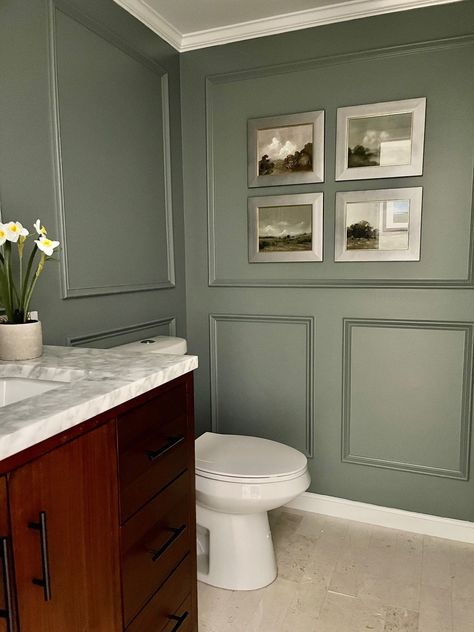 Picture Molding Bathroom, Wall Molding Bathroom, Molding Bathroom, Green Powder Room, Picture Molding, Picture Frame Molding, Toilet Room, Wall Molding, Half Bath