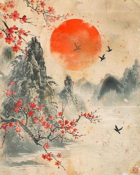 Vintage Art of Japanese Landscape with Birds and Cherry Blossom Tradition Japanese Art, Modern Japanese Painting, Vintage Japanese Painting, Landscape Japanese Art, Traditional Japanese Art Landscapes, Japanese Landscape Illustration, Chinese Artwork Traditional, Traditional Japanese Ink Painting, Traditional Japanese Cherry Blossom Art