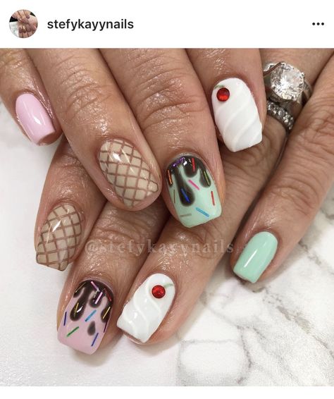 Food Nail Art Designs, I’ve Cream Nails, Ice Cream Cone Nails, Ice Cream Nails Designs, Mother Day Nails Designs, Nail Art Ice Cream, Tooth Nails, Birthday Cake Nails, Dessert Nails