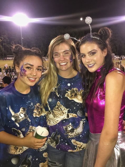 Galaxy themed football game!! Outer Space Football Game Theme Outfits, Space Football Game Theme, Space Theme Football Game Outfit, Homecoming Spirit Week, Hs Football, Football Dress, Space Costumes, Galaxy Outfit, Old Lady Costume