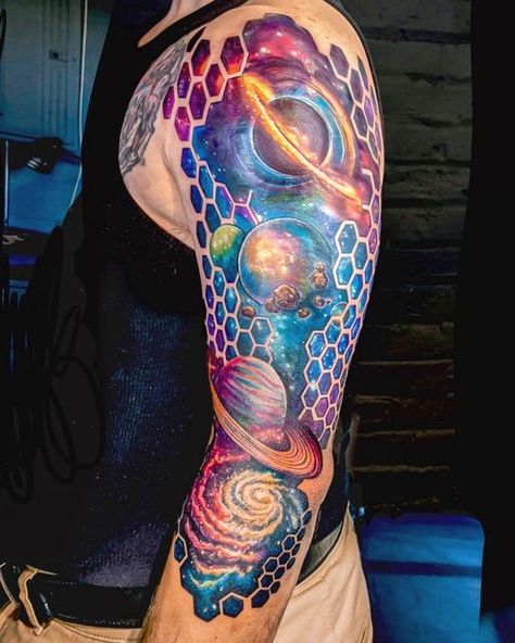 Space Sleeve Tattoo Color, Tattoo Space Filler Ideas Sleeve, Galaxy Leg Tattoo, Galaxy Cover Up Tattoo, Color Space Tattoo, Color Only Tattoo, Geometric Galaxy Tattoo, Universe Tattoo Sleeve, Elemental Tattoos