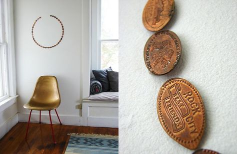 love this idea for those penny souvenirs that my kids love to get... let the design be completed as you get more... Penny Display, Penny Wall, Smashed Pennies, Penny Collection, Pressed Pennies, Church House, Gold Chair, A Beautiful Mess, Beautiful Mess