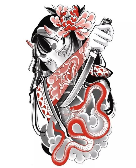 Zoro Tattoo, Tato Geisha, Japanese Demon Tattoo, Geisha Tattoo Design, Hannya Mask Tattoo, King Tattoo, Samurai Tattoo Design, Geisha Tattoo, Design Dragon