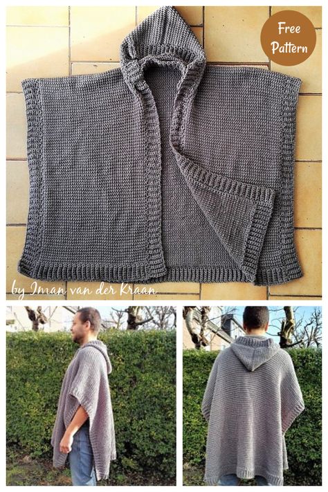 Hooded Ruana Free Crochet Pattern Men’s Crochet Poncho, Crochet Robe Pattern Free, Crochet Ruana Pattern Free, Crochet Cape Pattern Free, Hooded Poncho Pattern, Cape Au Crochet, Ruana Pattern, Crochet Cape Pattern, Mens Poncho