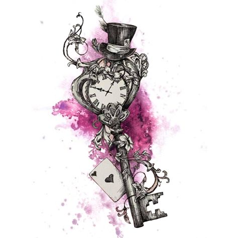 Alice In Wonderland Hourglass Tattoo, Jack And The Cuckoo Clock Heart Tattoo, Dark Alice In Wonderland Tattoo Ideas, Tattoo Alice In Wonderland, Mad Hatter Tattoo, Bioshock Tattoo, Dark Disney Tattoo, Halloween Alice In Wonderland, Disney Sleeve Tattoos