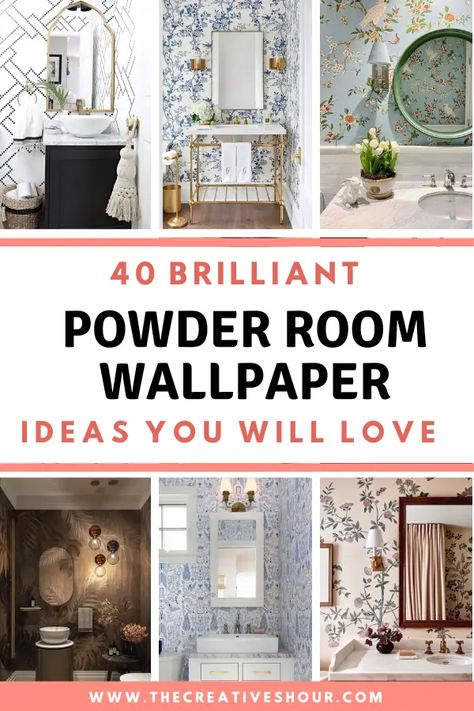 Wallpaper For Vanity Room, Half Bathroom With Wallpaper Accent Wall, Wallpaper And Paint Combination Bathroom, Amazing Powder Rooms, Powder Room Ideas With Wallpaper, Wallpaper For Small Powder Room, Wallpapered Bathrooms Ideas, Peel And Stick Wallpaper Bathroom Ideas, Wallpaper For Bathroom Small Spaces