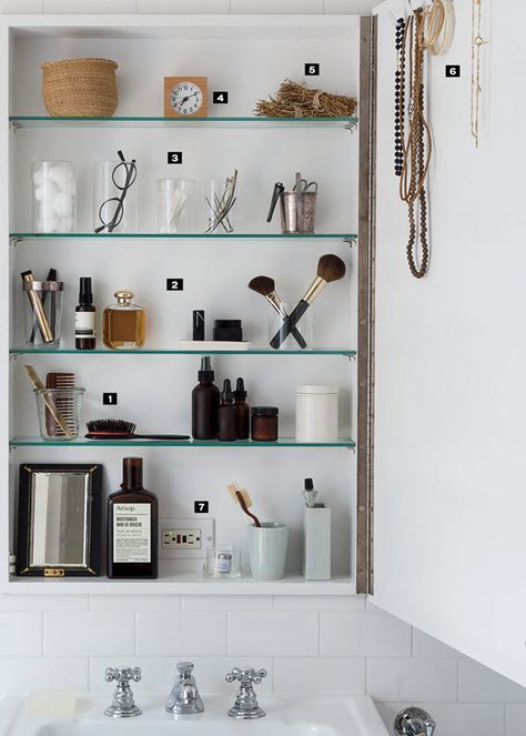 medicine cabinet // Remodelista: The Organized Home // @simplifiedbee Bathroom Closet Organization Ideas, Bathroom Drawer Organization, Bathroom Closet Organization, Medicine Cabinet Organization, Closet Organization Ideas, Zen Bathroom, Organized Home, Bathroom Closet, Small Bathroom Storage