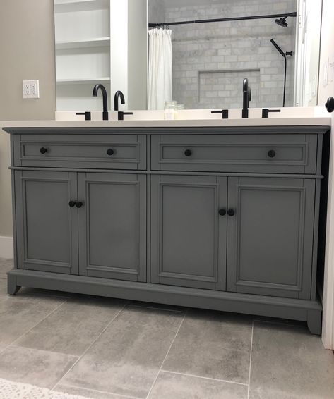 Black Jacuzzi, Black Hardware Bathroom, Grey Bathroom Floor, Grey Bathroom Cabinets, Farmhouse Gray, Grey Bathroom Vanity, Bathroom Vanity Designs, Gray Vanity, Matte Black Hardware