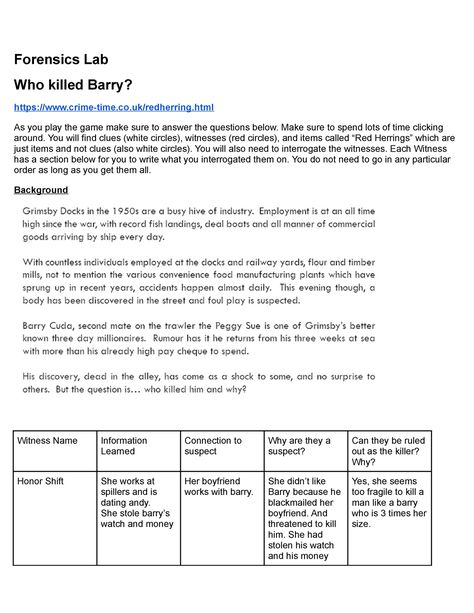 Who Killed Barry mystery game find out who killed barry - Forensics Lab Who killed Barry? - Studocu Mystery Games, First Grade Science, Clue, First Grade, Lab, Science, Writing