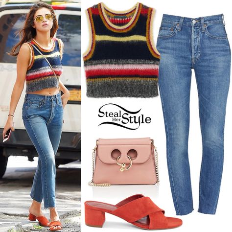 Selena Gomez was spotted out and about in SoHo wearing the Alexa Chung Stripy Mohair Vest (£265.00), Re/Done HRAC Rigid 180 Jeans ($240.00), J.W. Anderson Pierce Mini-Crossbody Bag ($1,480.00), and Mansur Gavriel Crossover Sandals ($435.00). Celebrity Crochet, Selena Gomez Shoes, Breakfast Outfit, Selena Gomez Street Style, Mohair Vest, White Jeans Winter, Selena Gomez Outfits, Blue Jean Outfits, Winter Outfits Aesthetic