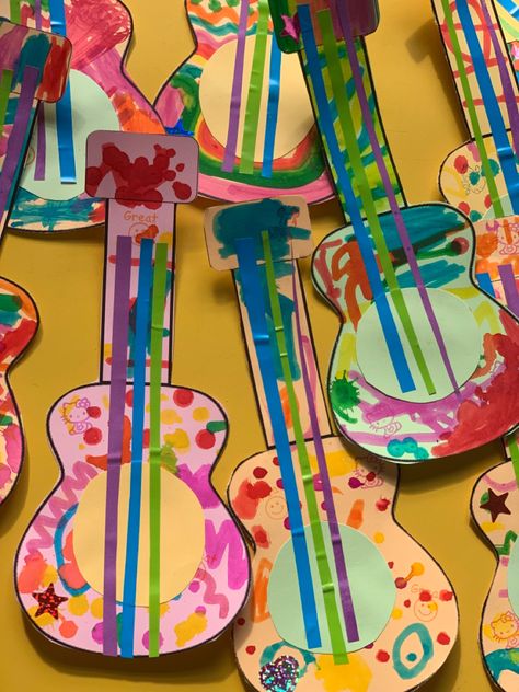 Music Crafts For Kindergarten, Music Day Crafts For Kids, Mexican Guitar Craft, Music Instrument Activities Preschool, Guitar Preschool Craft, Music Projects For Preschoolers, Music Crafts Preschool Art, Instruments Crafts Preschool, Musical Crafts For Preschoolers