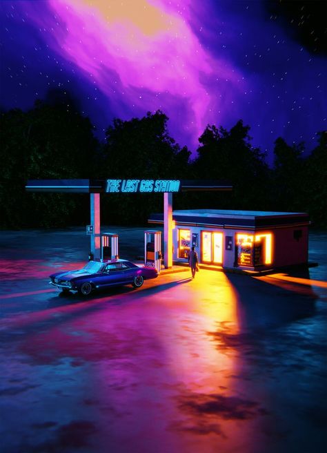 Retro Gas Station, Neon Gas, Cityscape Wallpaper, Scene Aesthetic, Trans Art, Isometric Art, Nordic Lights, Lit Wallpaper, Color Inspo