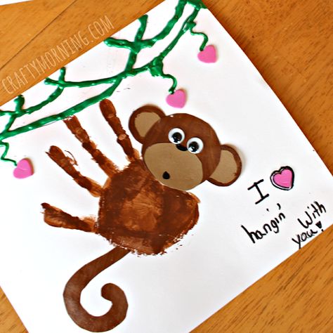 Make a cute handprint monkey for a valentine's day craft! It says "I love hanging with you" for a homemade card. Monkey Valentine, Monkey Crafts, Easy Fathers Day Craft, Valentine's Day Crafts For Kids, Valentine Crafts For Kids, Birthday Crafts, Cute Diy, Fathers Day Crafts, Easy Crafts For Kids