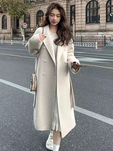 Female Overcoat, Korean Fashion Chic, Coat Korean, Woolen Coat Woman, Winter Overcoat, Long Overcoat, Streetwear Mode, Middle Age Fashion, Long Wool Coat