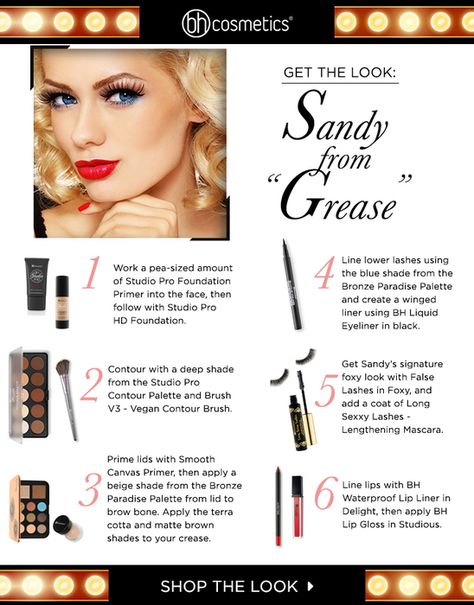 Grease Sandy Makeup, Sandy Grease Makeup Tutorial, Bad Sandy Grease Makeup, Grease Makeup Ideas Pink Ladies, Greaser Makeup, Sandy Makeup Grease, Bad Sandy Grease, Sandy Grease Outfit, 50s Dress Up