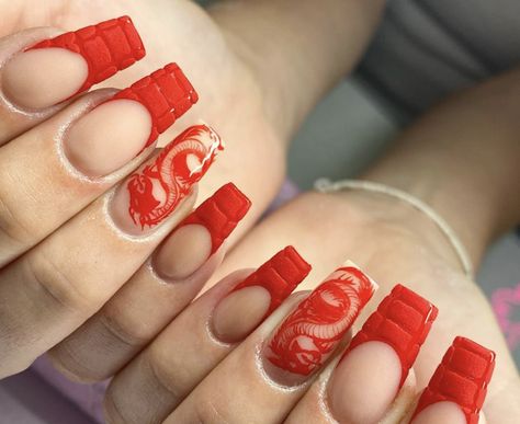 Chinese Dragon Nails Designs, Chinese Dragon Nails, Nail Ideas For Summer, Red Chinese Dragon, Nails Cartoon, Dragon Nails, Red Acrylic Nails, Long Acrylic Nail Designs, Fourth Wing