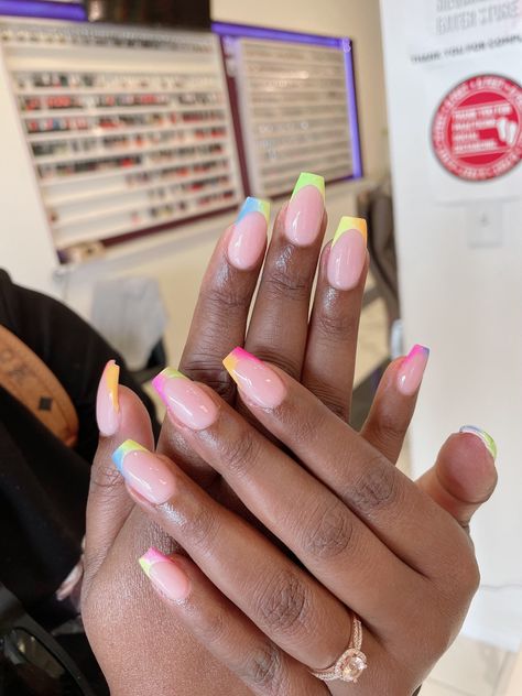 Nail Designs Multi Color Summer, Colorblock French Tip Nails, Multi Color French Nails, Summer Multi Color Nails, Multicoloured French Tip Nails, Multi Colored Nails French Tip, Multi Colored Nails Spring, Split Color Nails, Three Color Nails