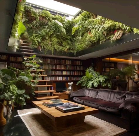 Eco Library, Eco Brutalism Interior, Dark Biophilic Design Interiors Home, Indoor Rainforest Home, Rainforest House Architecture, Modernist Jungle Home, Futuristic Jungle House, Brutalism Interior, Attic Inspiration