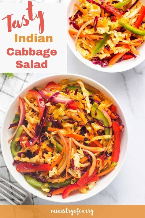 EASY to make Indian Cabbage Salad tossed in aromatic tempering of spices and fresh lemon juice is a must try recipe! #ministryofcurry #indianfood #sidedishes #vegetarianfood Vegetarian Cabbage Recipes, Indian Cabbage, Lemon Coriander Soup, Ministry Of Curry, Cabbage Side Dish, Indian Salads, Vegetarian Cabbage, Cabbage Salad, Cabbage Recipes