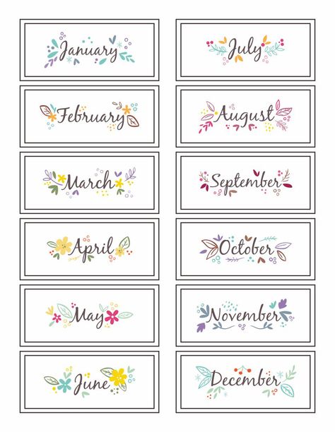 Printable Months of Year Scrapbook Months Of The Year, Colors Of The Months, Months Of The Year Printables Free Aesthetic, 12 Months Of The Year Aesthetic, Month Names Printables, Months Of The Year Drawings, Month Labels Printable Free, Months Stickers Printable, Month Template Free Printable