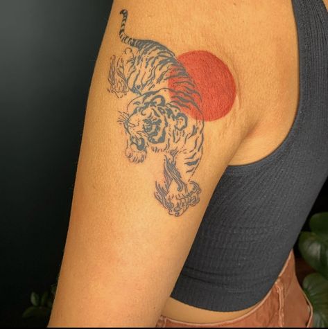 Tiger With Sun Tattoo, Tiger Sun Tattoo, Tiger And Sun Tattoo, Delicate Tiger Tattoo, Tiger Vase Tattoo, Tiger Shoulder Tattoo Woman, Shoulder Tiger Tattoo, Tiger Tattoo Shoulder, Red Shoulder Tattoo