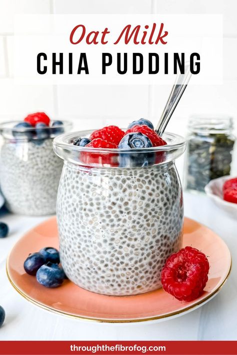 labelled oat milk chia pudding in two glass jars, with one on a pink plate with a spoon in it and topped with berries. Chia Breakfast Pudding, Breakfast Chia Pudding, Chia Pudding Breakfast, Breakfast Pudding, Chia Breakfast, Whole30 Breakfast, Chia Pudding Recipe, 30 Diet, Whole 30 Meal Plan