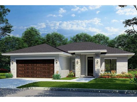 074H-0181: Small Contemporary House Plan 3 Bedroom 2 Bath House Plans Open Floor With Garage, Hip Roof Design Modern, Modern Roof Design, Modern Contemporary House Plans, Spec House, Modern Prairie, Contemporary Mediterranean, Contemporary Modern House, Modern Style House Plans