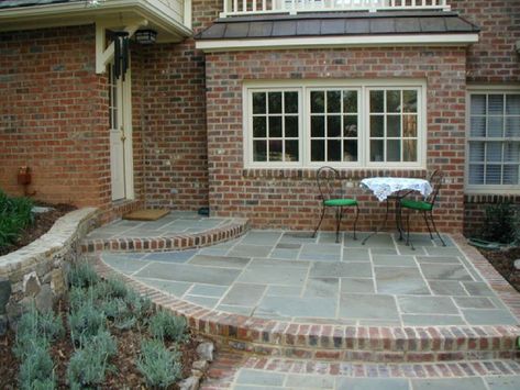 Stamped Concrete With Brick Border, Bluestone Patio With Brick Border, Brick Border Patio, Brick And Slate Patio, Bluestone And Brick Patio, Brick House Patio, Patio With Brick Border, Bluestone And Brick, Stone And Brick Patio