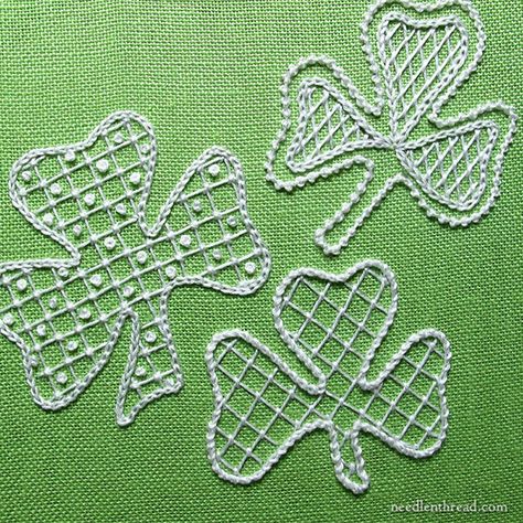 Bluework Embroidery, Shamrock Embroidery, Celtic Cross Stitch, Crazy Quilt Stitches, Color Embroidery, Holiday Quilts, Embroidery Stitches Tutorial, Brazilian Embroidery, White On White