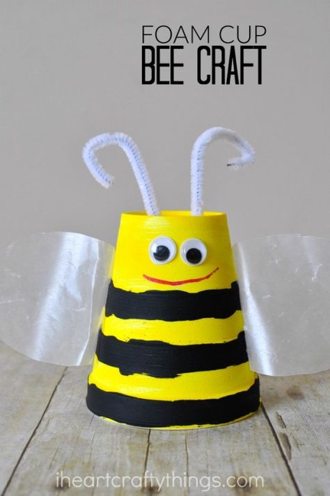 I feel the same way about foam cups as I do about paper plates. You can pretty much make any kind of animal you can think of out of them. Our collection of foam cup crafts keeps growing and our latest is this super cute foam cup bee craft. It makes a perfect kids craft … Paper Cup Crafts, Bee Craft, Bee Crafts For Kids, Christmas Angel Crafts, Insect Crafts, Reindeer Craft, Bug Crafts, Puppet Crafts, Spring Crafts For Kids