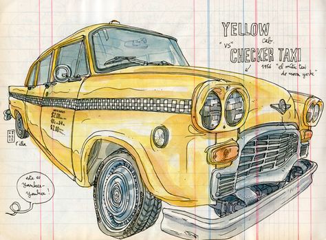 https://flic.kr/p/dYvSye | checker taxi Taxi Drawing, Travel Symbols, Drawing Poses Male, Space Drawings, Taxi Cab, Vintage Vw, Car Illustration, Urban Sketchers, Car Sketch