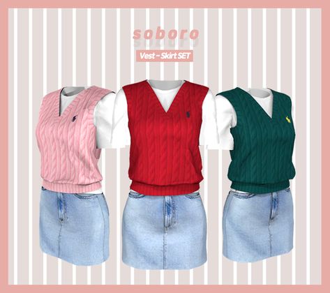 soboro - Polo Sweater vest Denim Skirt Two-Piece & Polo Sweater vest Top | soboro on Patreon Polo Sweater Vest, Alpha Cc, Vest Denim, The Sims 4 Pc, The Sims 4 Packs, Tumblr Sims 4, Sims 4 Dresses, Sims 4 Characters, Sims 4 Mm