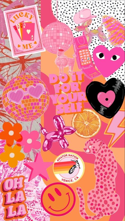 Pink And Orange Collage Wallpaper, Fun Pink Wallpaper, Preppy Illustrations, Preppy Patterns Wallpapers, Photo Wall Photos, Pink Retro Aesthetic, Pink Preppy Aesthetic, Spiegel Diy, Preppy Wallpapers