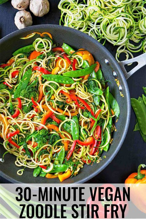 A quick, easy, healthy dish packed with flavor – this tasty vegan zoodle stir-fry will help you get dinner ready in less than 30 minutes! Zoodle Stir Fry, Stir Fry Vegetables, Easy Stir Fry Recipes, Squash Vegetable, Easy Stir Fry, Vegetarian Entrees, Vegetable Stir Fry, Stir Fry Recipes, Easy Dishes