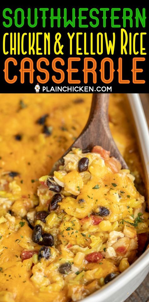 Southwestern Chicken & Yellow Rice Casserole - seriously delicious! We ate this for dinner and reheated for lunch the next day. Chicken, yellow rice, cream of chicken soup, corn, black beans, rotel diced tomatoes and green chiles and cheese.Use a rotisserie chicken and this is ready to bake in minutes. Can make in advance and refrigerate or freeze for later. Everyone LOVES this quick and easy weeknight casserole recipe! #freezermeal #chicken #casserole #mexican #chickencasserole Recipes With Yellow Rice, Rice Cream Of Chicken Soup, Yellow Rice Casserole, Chicken Yellow Rice, Easy Weeknight Casseroles, Casserole Mexican, Chicken And Yellow Rice, Yellow Rice Recipes, Rice Cream