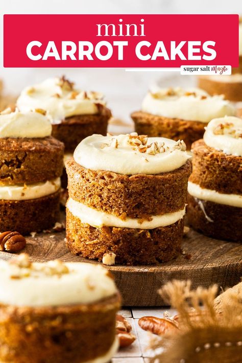 These super moist mini carrot cakes are so easy to make, loaded with flavour and filled and topped with classic cream cheese frosting. These super cute, mini carrot cakes are the perfect individual yet indulgent treat. Super moist and soft, they're so easy to make and topped with the classic cream cheese frosting. Loaded with flavour, these mini layer cakes are studded with pecans, finely shredded carrot and have the perfect blend of spices to be cosy and tasty but not overwhelming. Mini Layer Cakes, Mini Carrot Cakes, Mini Carrot Cake, Carrot Cakes, Mini Carrots, Mini Cake Pans, Carrot Cake Muffins, Cake Storage, Cake Muffins