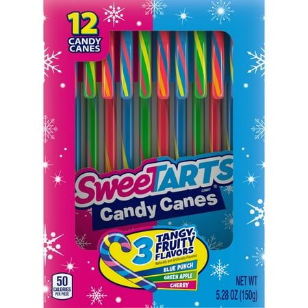 SweeTARTS Candy brings you the tangy fruity flavor you need for all your holiday celebrations. These tri-colored candy canes come in three fun flavors: Blue Punch, Green Apple, and Cherry. Add a few of these delicious tangy holiday candy canes to your Christmas tree for festive candy cane Christmas decor, use them in a gift basket, add decor to your gingerbread house, or add them to your holiday centerpiece as edible candy cane decorations. 12 pieces per box are individually wrapped and works ni Sweetarts Candy, Candy Stocking Stuffers, Christmas Candy Cane Decorations, Fun Holiday Treats, Blue Punch, Individually Wrapped Candy, Candy Cane Decorations, Classic Candy, Candy Sticks