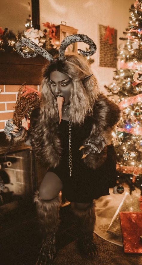 Womens Krampus Costume, Krampus Costume Diy, Female Krampus Cosplay, Lady Krampus Costume, Krampus Costume Women, Krampus Outfit, Krampus Photoshoot, Krampus Makeup, Female Krampus