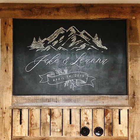 Mountain Chalkboard Art, Chalkboard Mountains, Wedding Art Drawing, Wedding Chalkboard Art, Wedding Chalk Art, Chalkboard Art Wedding, Vintage Party Ideas, Wedding Chalk, Handwriting Examples