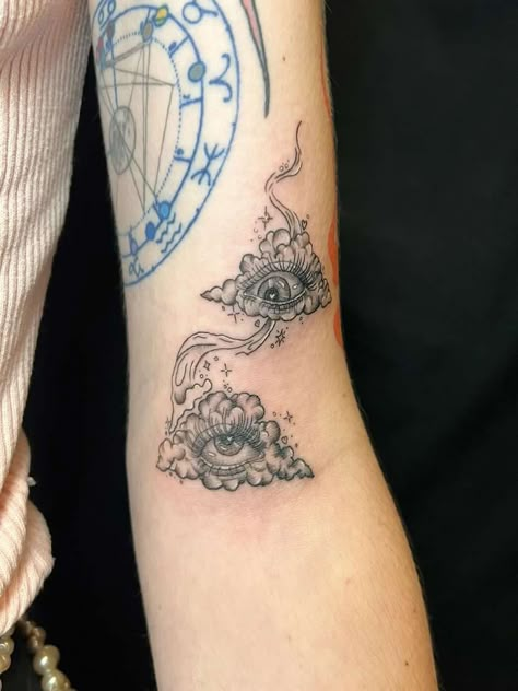 Mystical Tattoo Sleeve, Dreamlike Tattoo, Cloud Shoulder Tattoo, Cool Evil Eye Tattoo, Eye Fairy Tattoo, Eye In The Clouds Tattoo, Mushroom Eye Tattoo, Eye Cloud Tattoo, Cloud With Eyes Tattoo