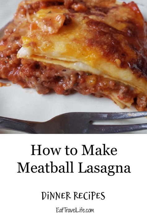 Lasagna made with cooked meatballs Lasagna With Meatballs, Easy Lasagna Recipe Without Ricotta, Meatball Dinner Recipes, Lasagna Recipe Without Ricotta, Meatball Lasagna, Meatball Dinner, Pork Recipes For Dinner, How To Make Lasagna, Easy Lasagna Recipe